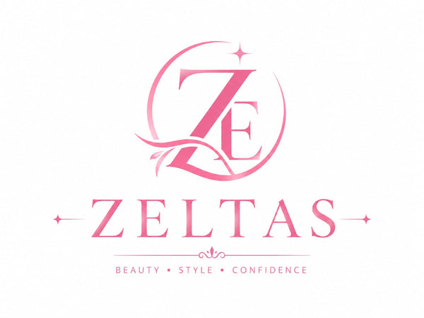 Pink Zeltas logo with stylized 'ZE' monogram and the word 'ZELTAS' on a white background, with the tagline 'BEAUTY • STYLE • CONFIDENCE' below.